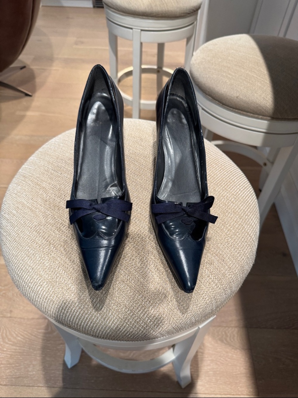 Stuart Weitzman Navy Pointed-Toe Bow Pumps with Grosgrain Bow